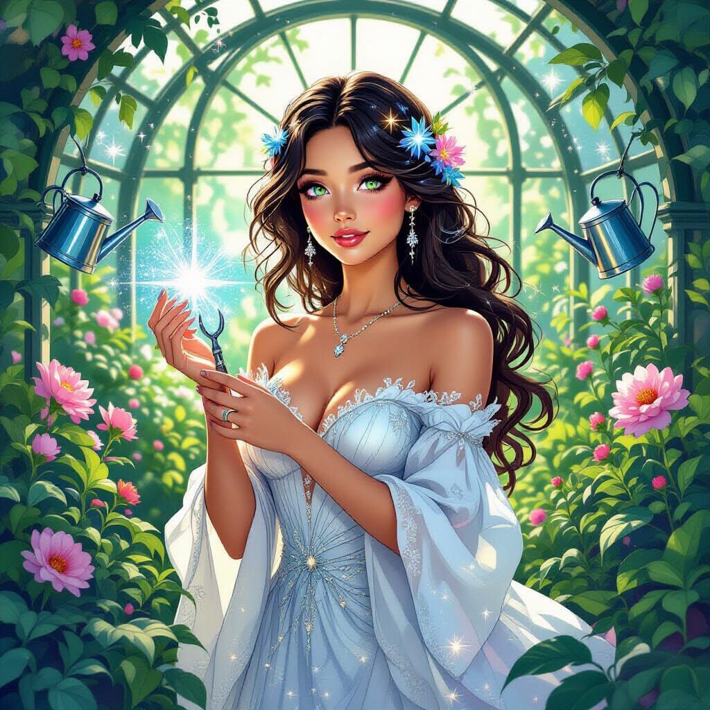 Celestial Gardener Cultivating Cosmic Flora, Art Nouveau Sty...