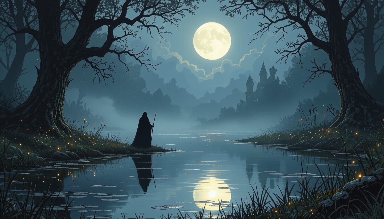 Mystical Celtic Forest with Moonlit Pond