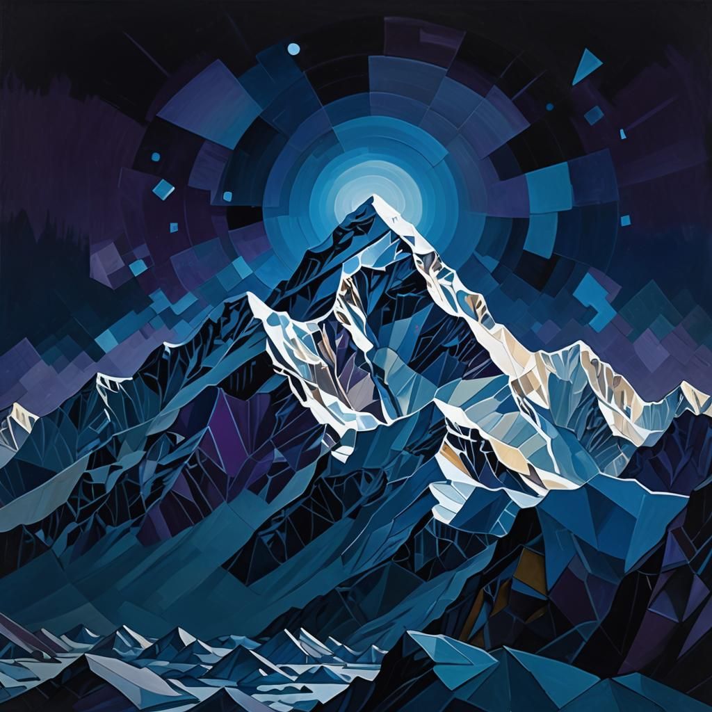 Moonlit Everest in Cubist Geometric Art Deco Style
