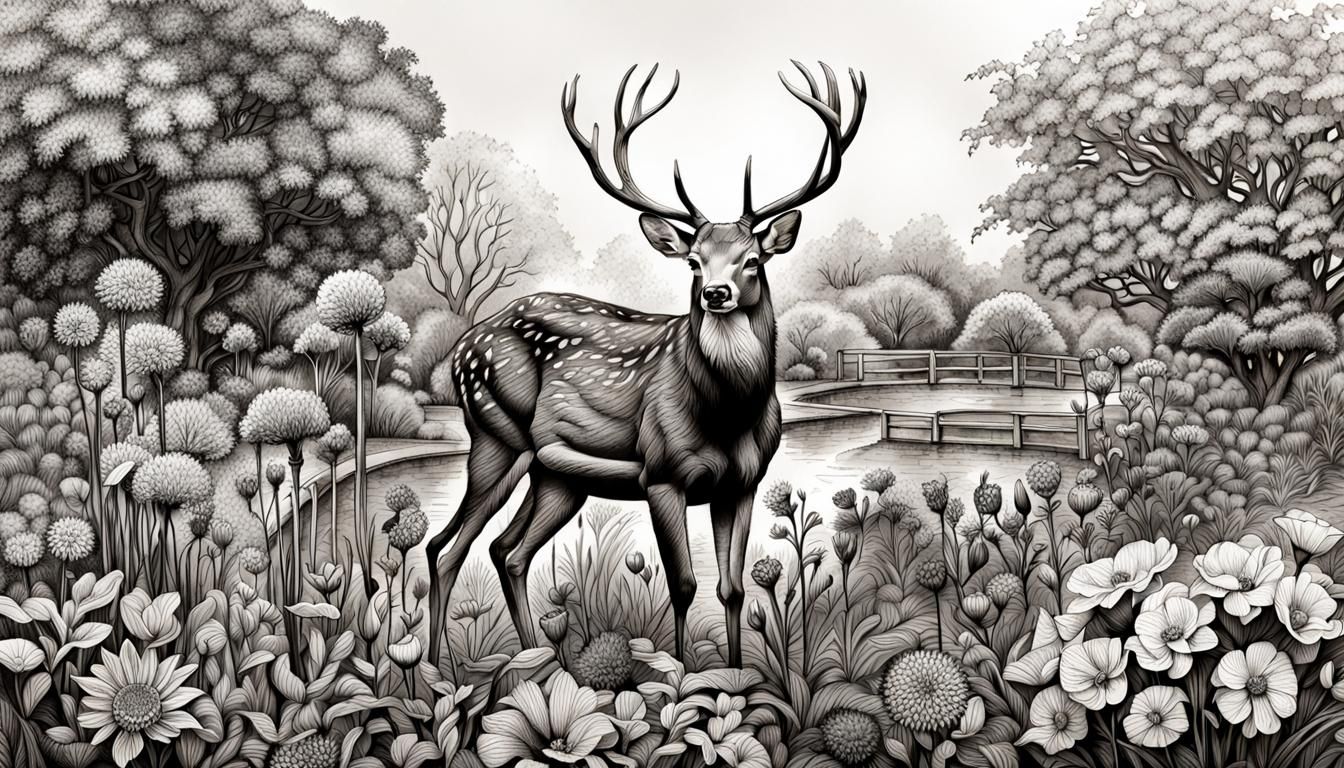 Botanical Garden Deer in Ink Drawing Style