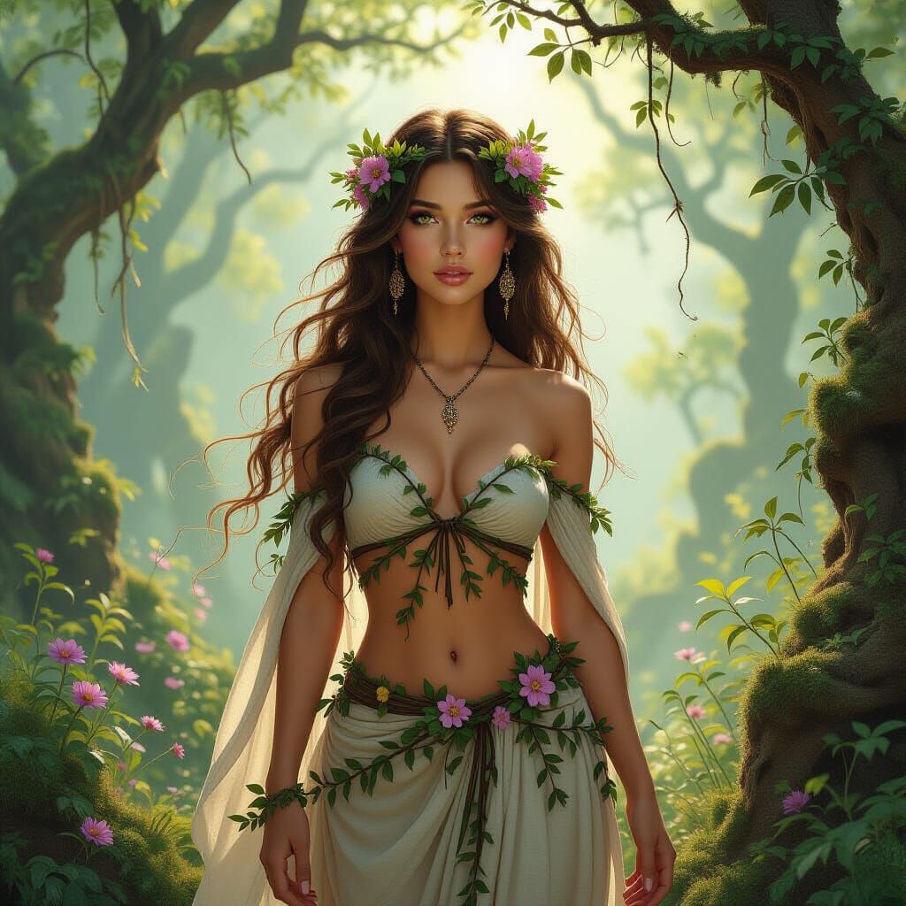 Ethereal Dryad in Misty Forest Clearing