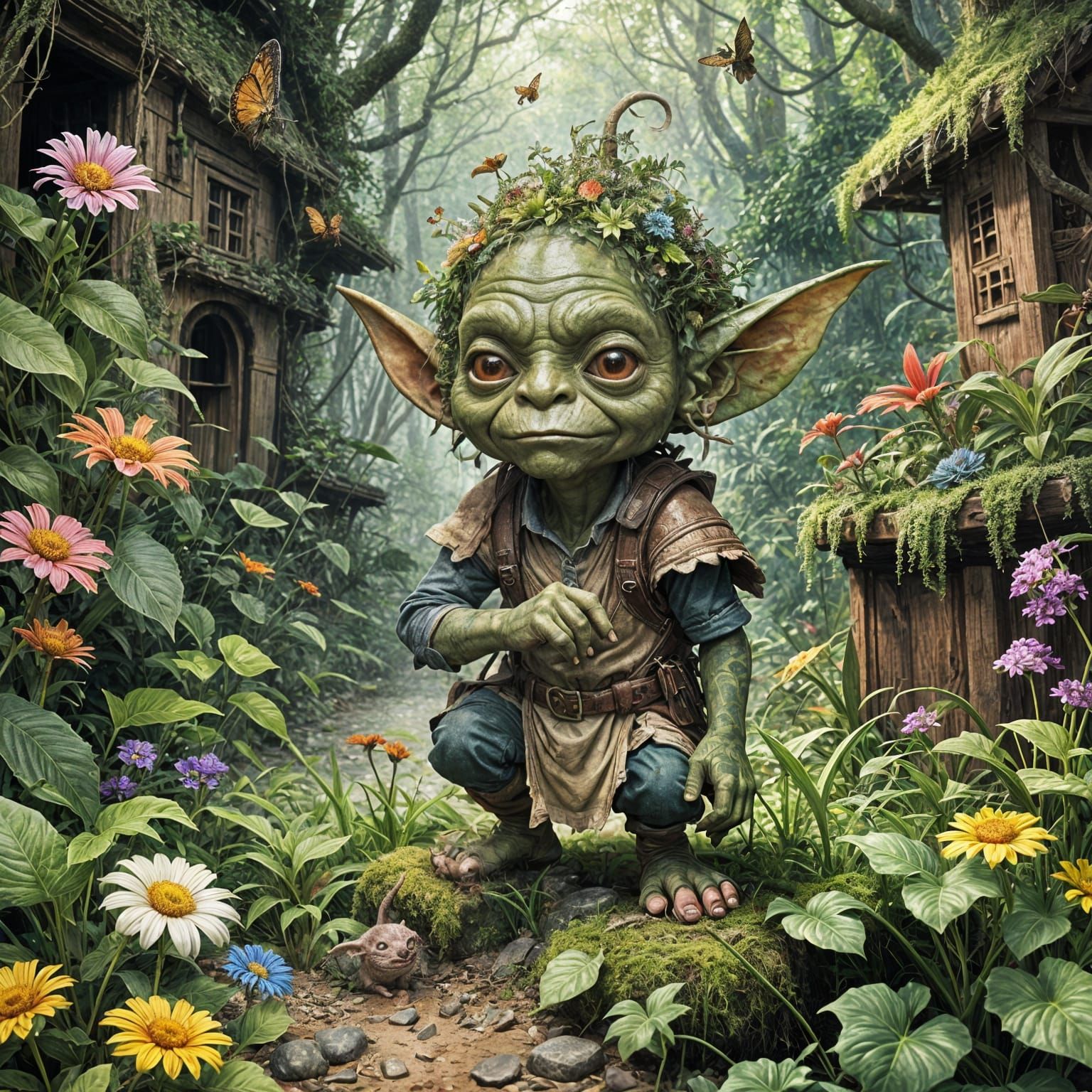 Adorable Chibi Goblin Made of Straw in Forest