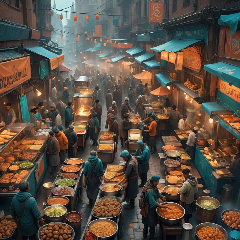 Bustling Market: Street Food in Art Nouveau Style
