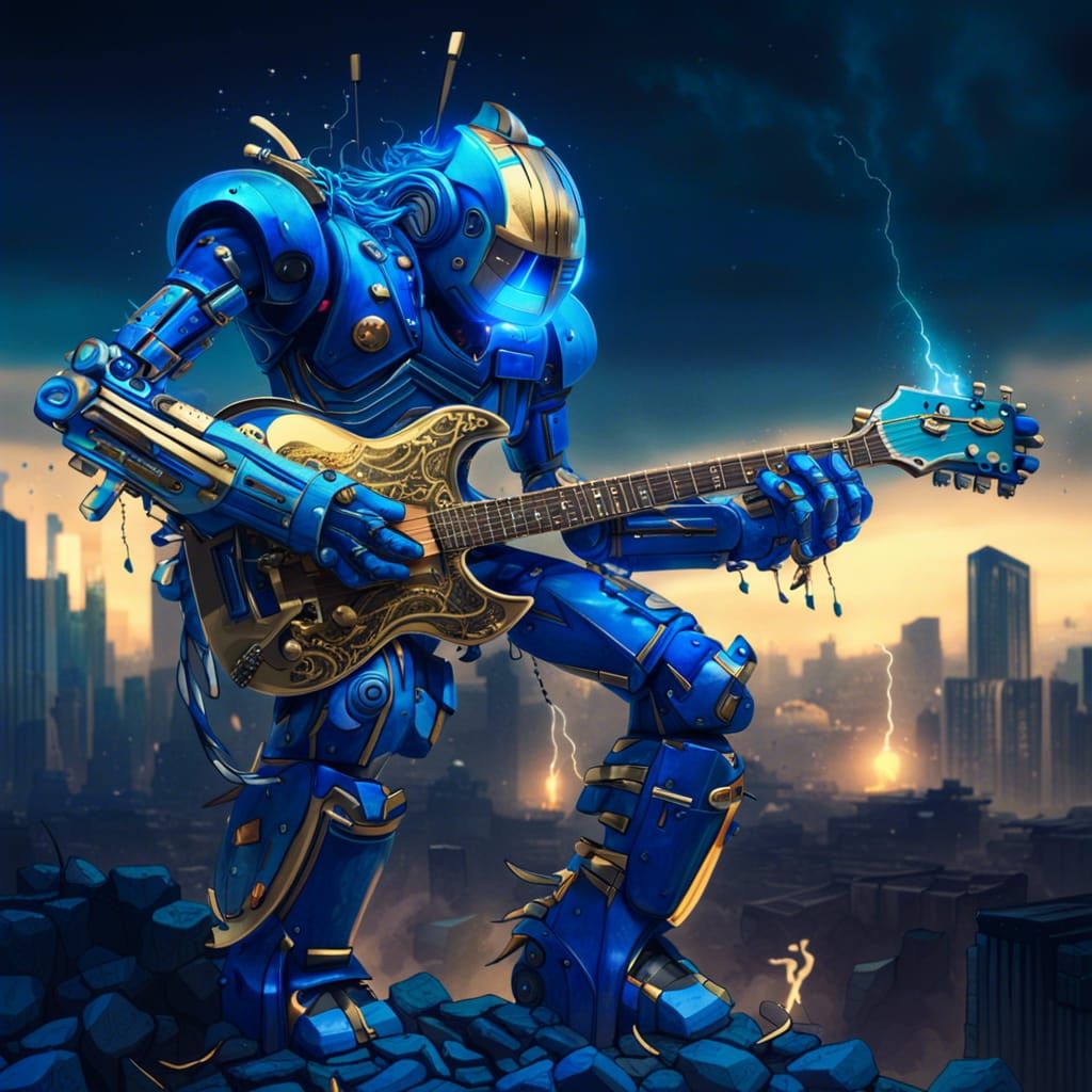 Blue Robot Plays Guitar in Abandoned City