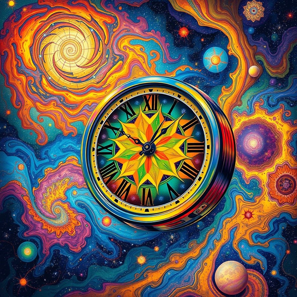 Cosmic Clock in Vibrant Escher-Inspired Universe