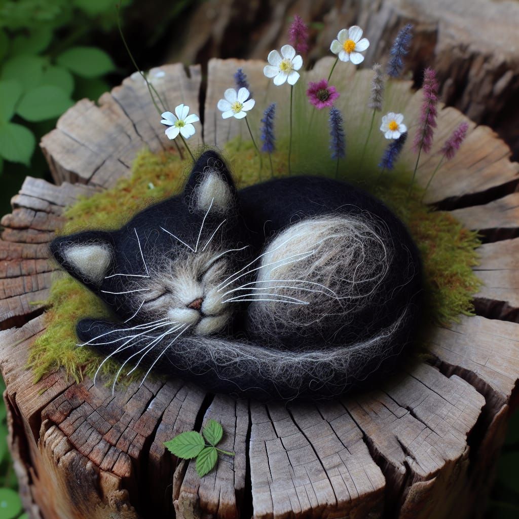 Felted Tuxedo Cat Sleeping on Tree Stump