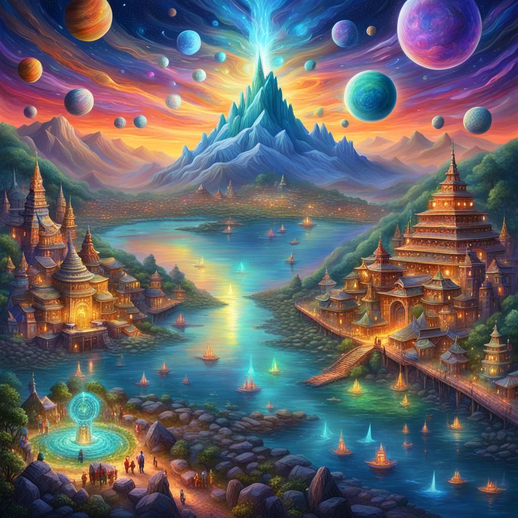 Cosmic Town by River: Holographic Astral Illustration