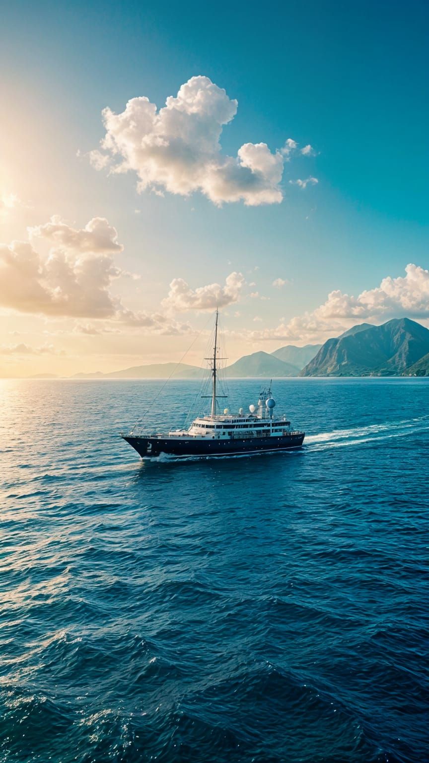 Panoramic Seascape with Distant Coastline and Majestic Mount...