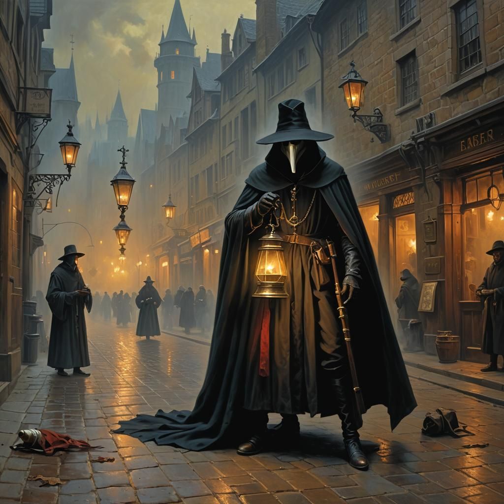 Medieval Plague Doctor in Dark Alchemic Scene