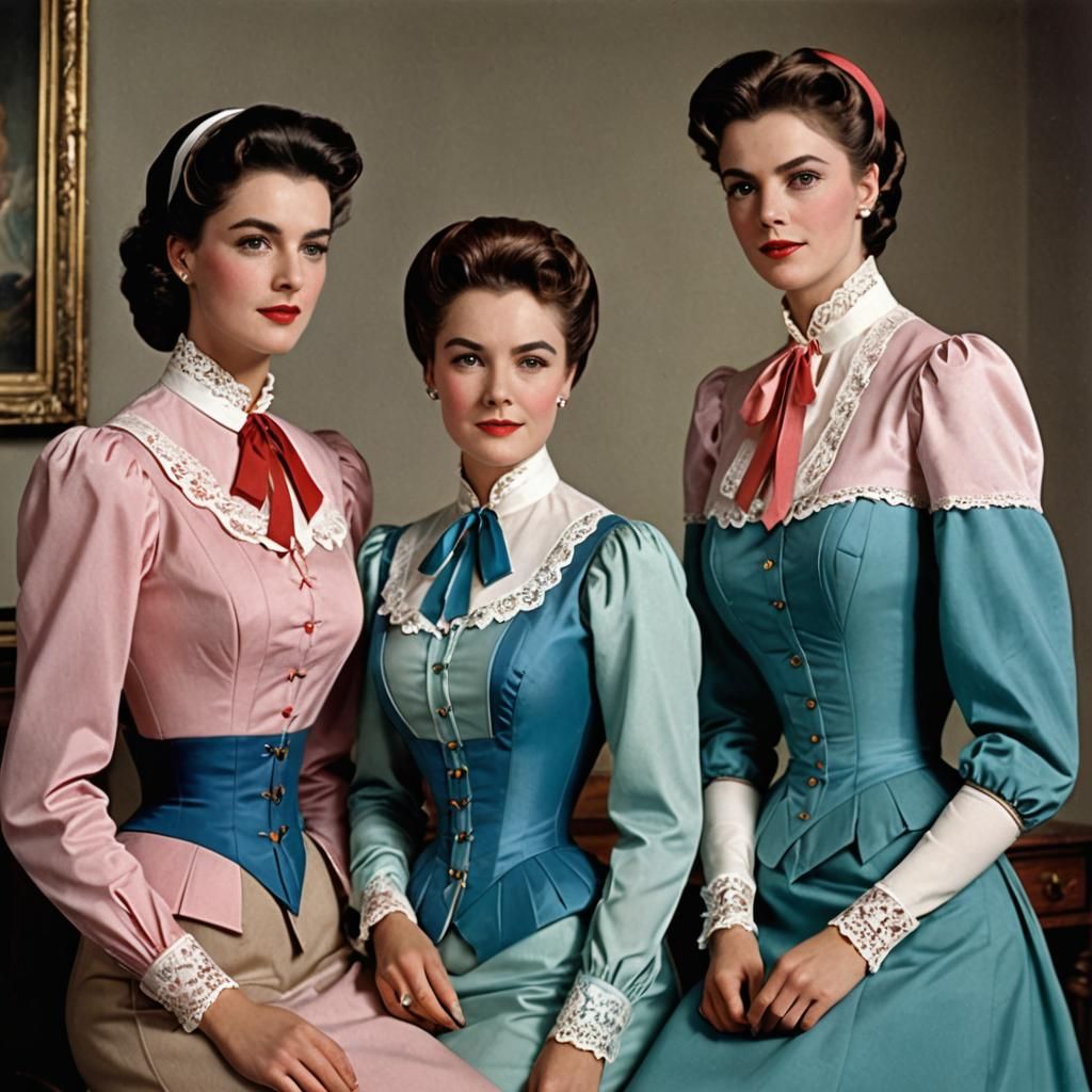 Elegant Women in Formal Attire with Feminine Ribbons