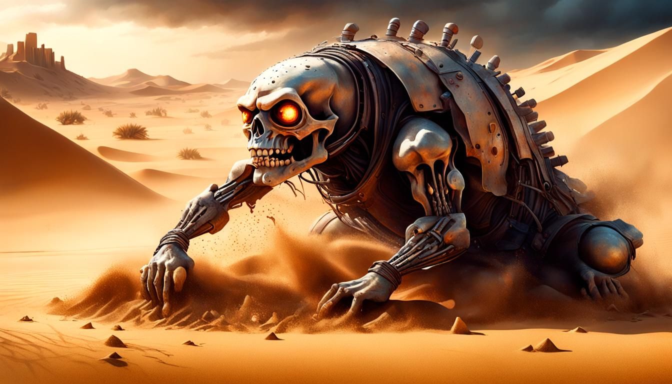 Crying Monster in Desert Sand: Cyberpunk Oil Painting