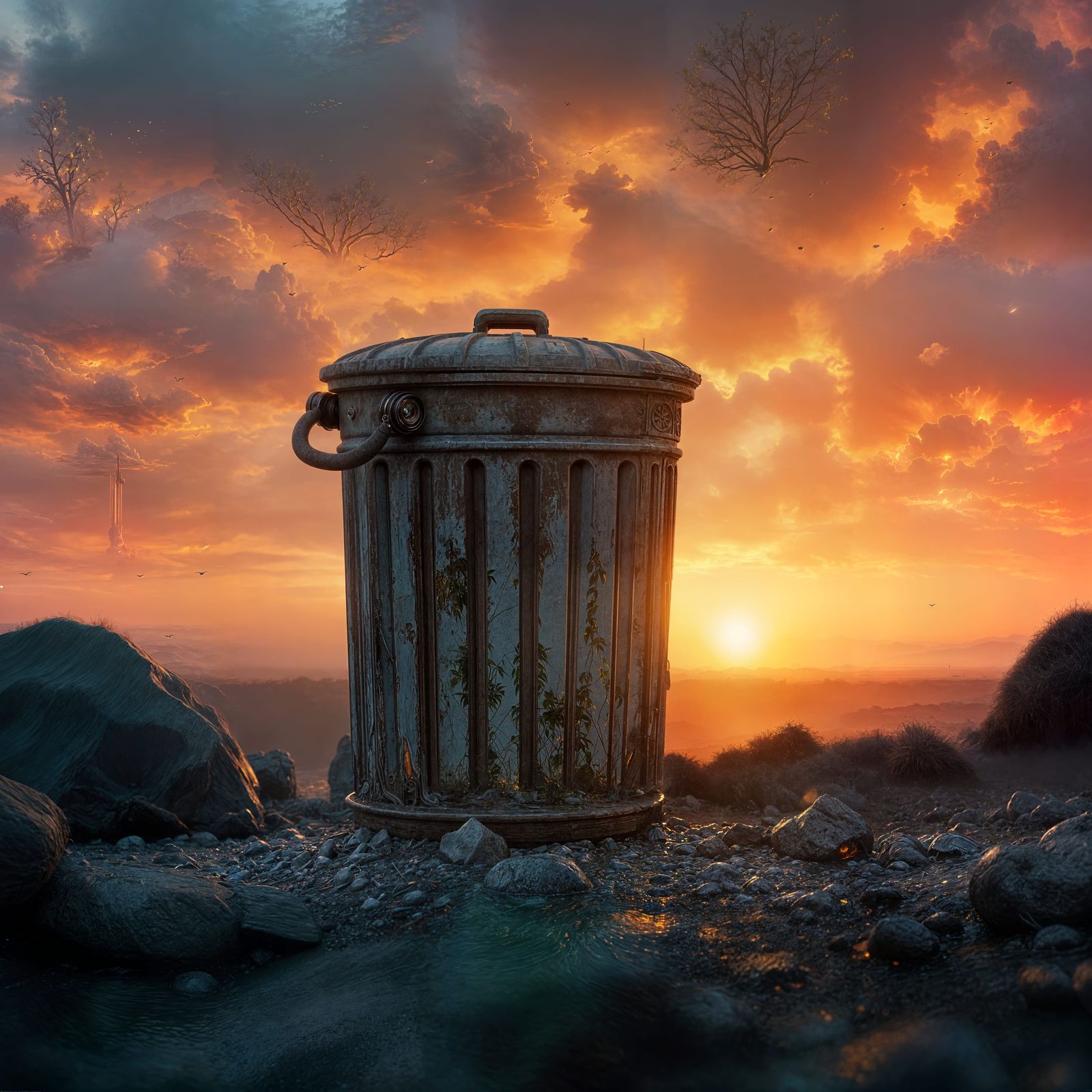 Trash Can at Sunset: Photorealistic 3D Render