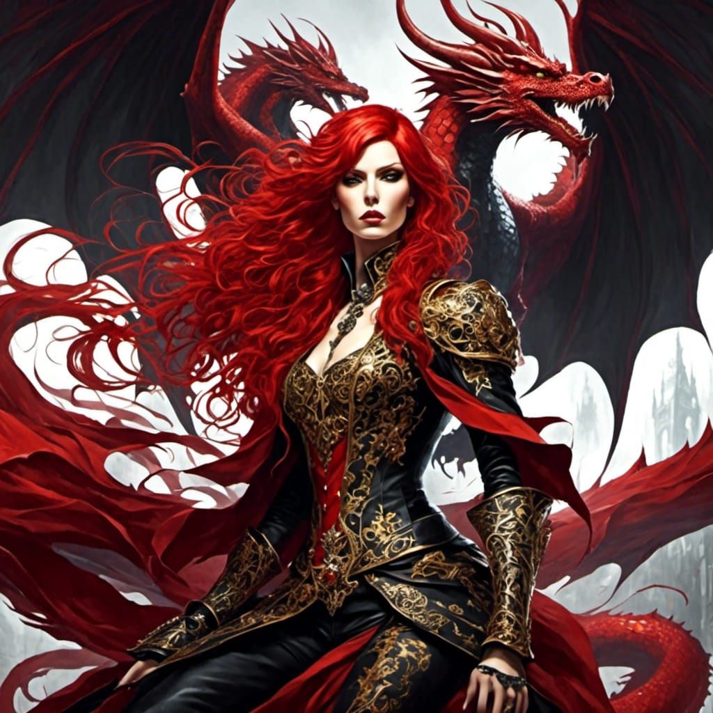 Anime Dragon Queen with Red Hair in Digital Art