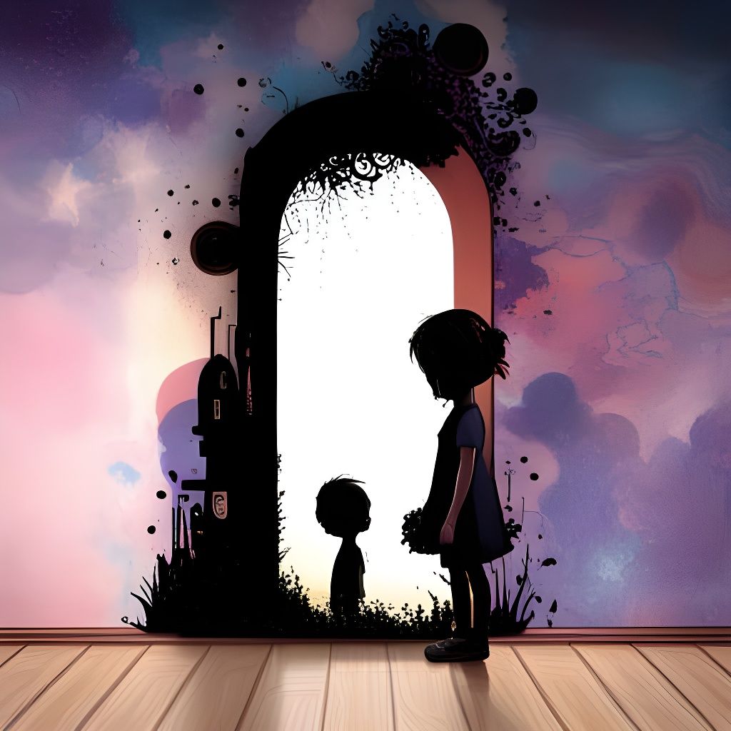Girl Sees Shadow in Mirror, Detailed Digital Art