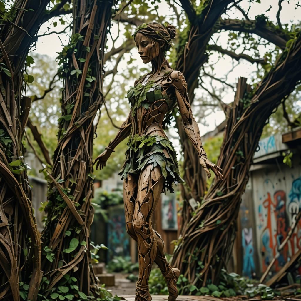 Vine-Covered Wooden Ballerina Sculpture in Outdoor Gallery
