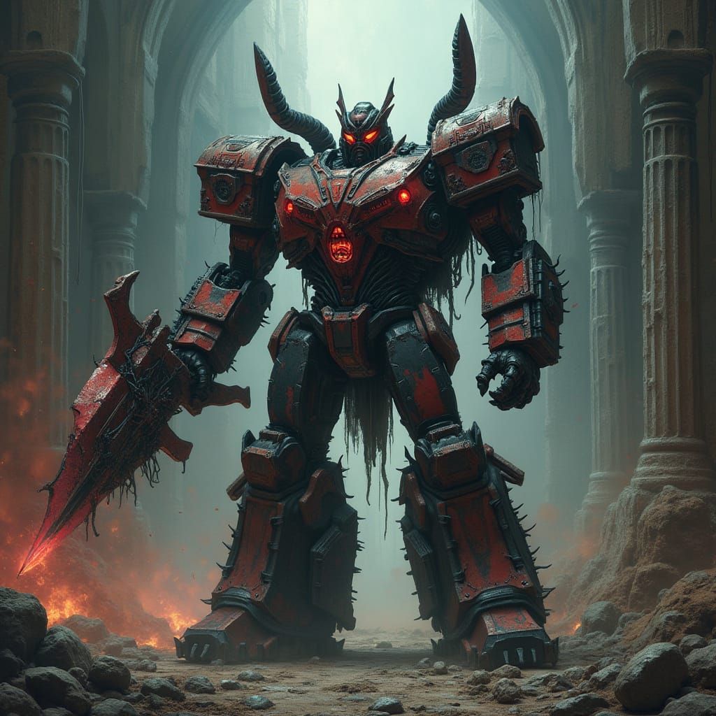 Corrupted Power Armor in Dark, Gothic Ruin