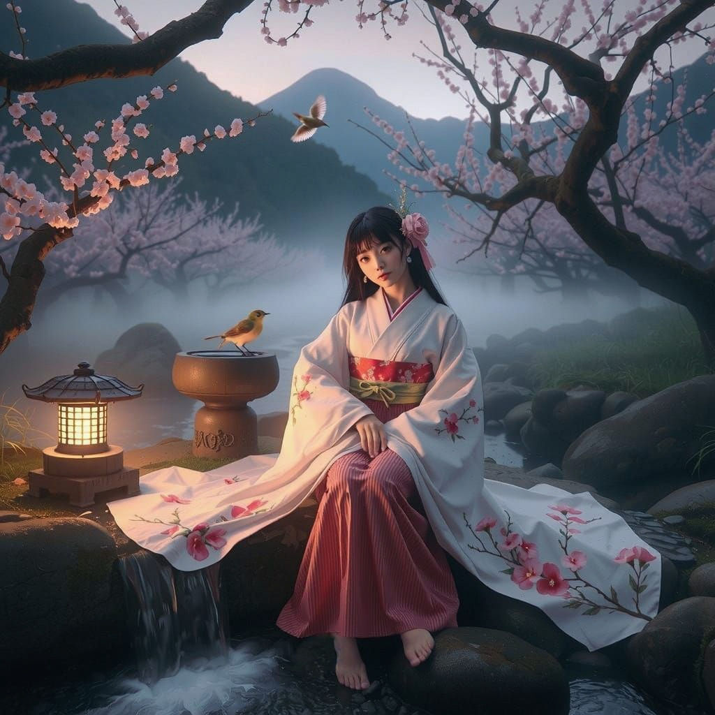 Surreal Heian-Inspired Shrine Maiden Beneath Blooming Peach ...