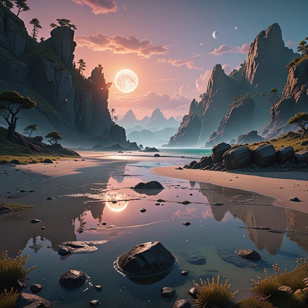 Surreal Beach Scene in a Pastel-Hued, Ethereal Light