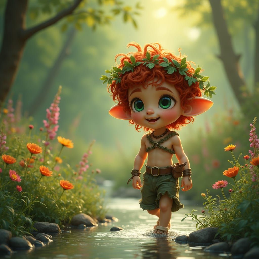 Surreal Hyper-Realistic Portrait of a Young Satyr in a Summe...