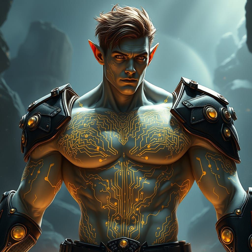 Muscular Figure with Circuit Tattoos in Sci-Fi Style