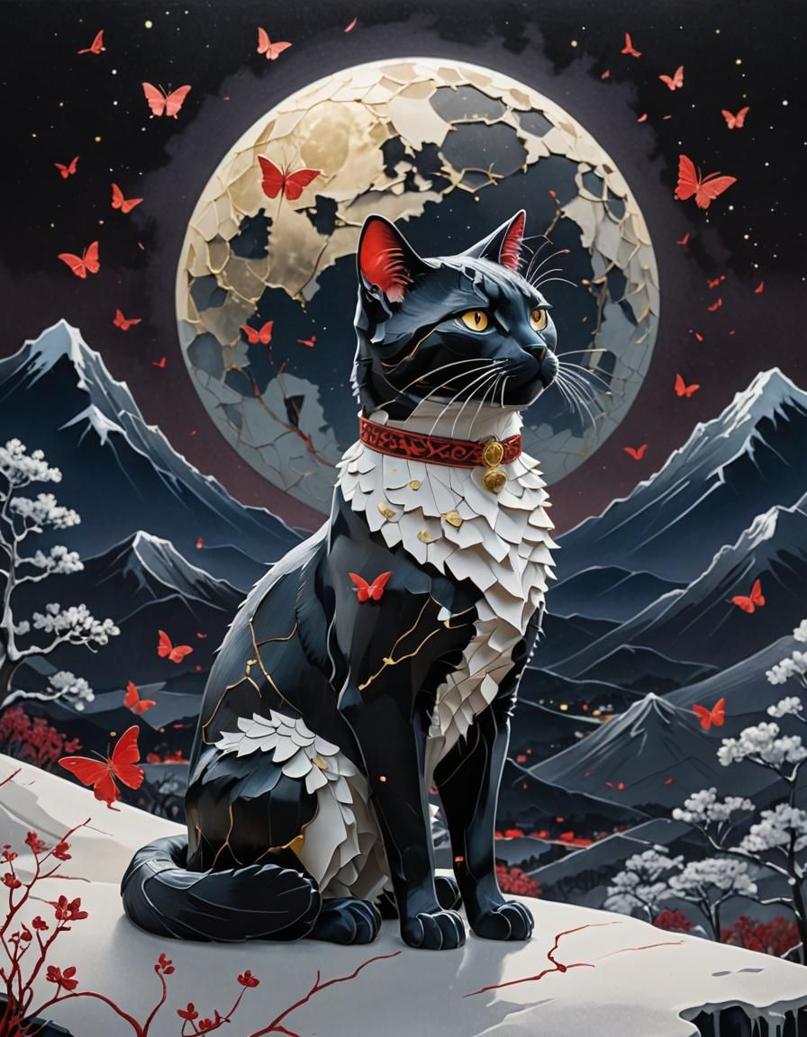 Kirigami Cat in Snowy Kintsugi Landscape