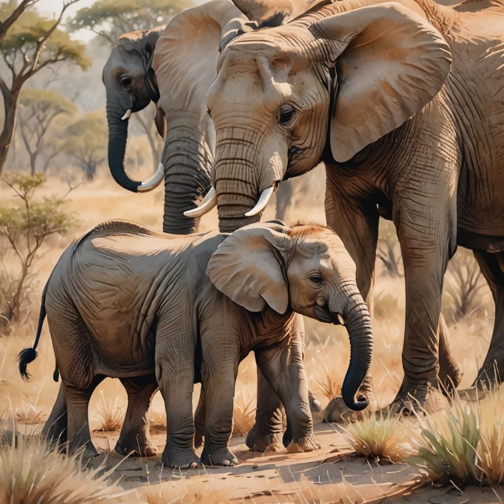 Elephant Family in Whimsical Watercolor Savannah