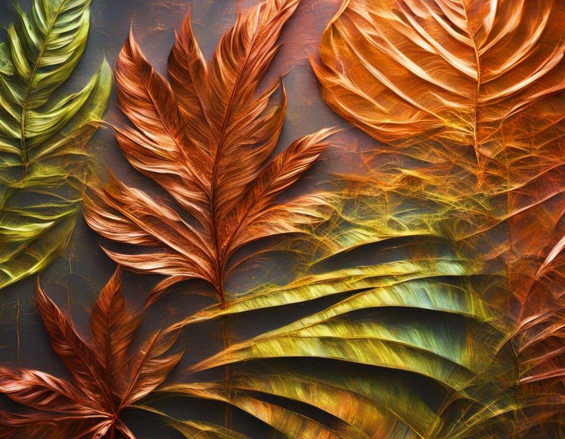 Abstract Metallic Palm Leaf Painting in Surreal Style