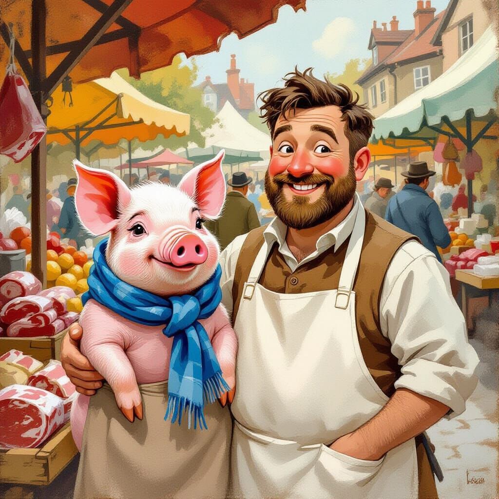 Pig and Butcher at Farmer's Market in Whimsical Style