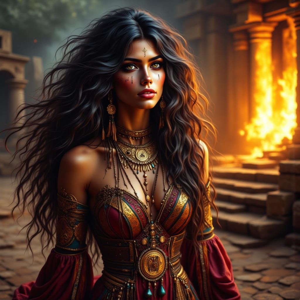 Mysterious High Priestess in Firelight, as Digital Art