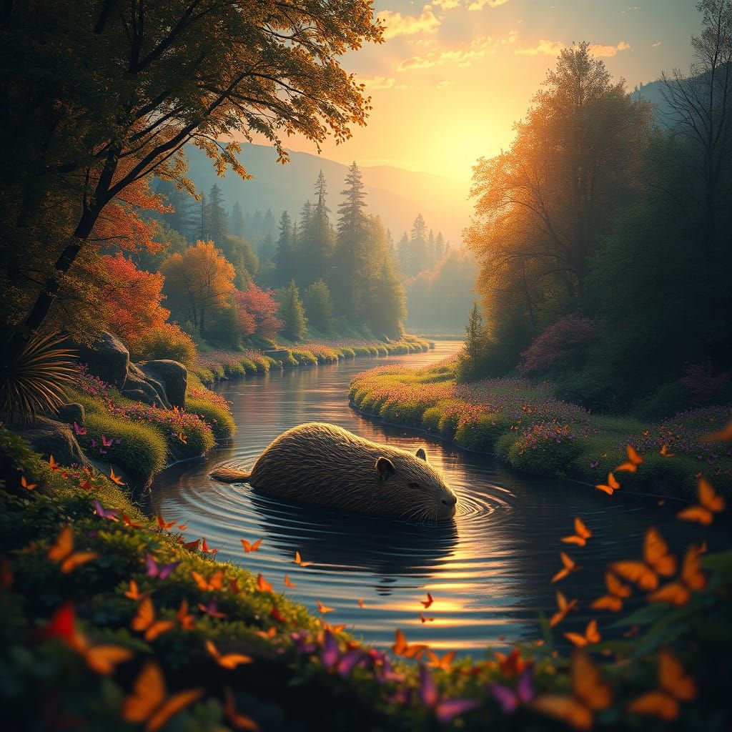 Surreal Capybara Sanctuary in Vibrant Forest Landscape