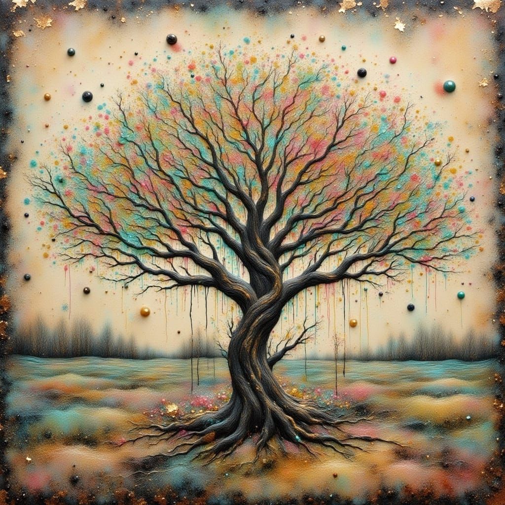 Glittering Surreal Tree in Abstract Sand Art Style