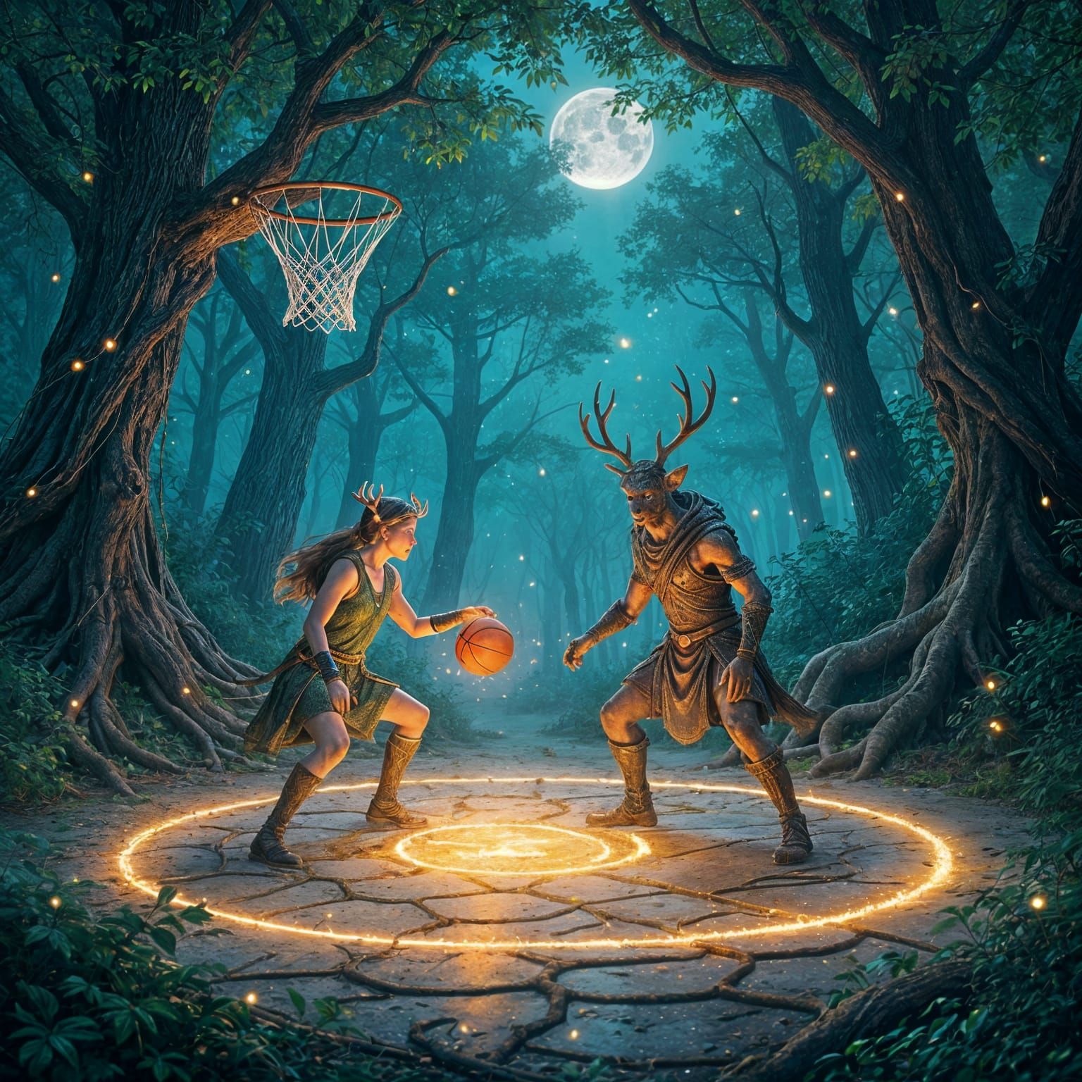 Magical Forest Spirit Basketball Arena in Moonlight