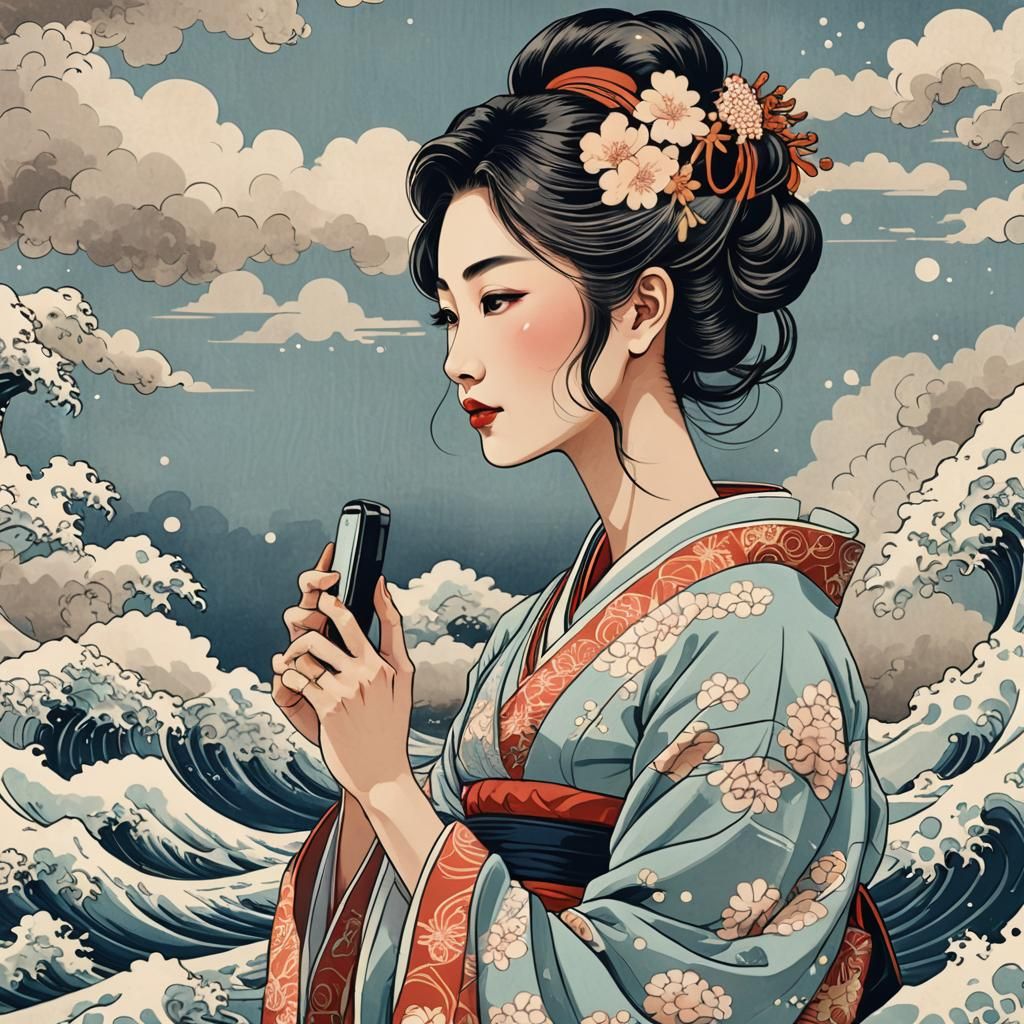 Ukiyo-e Girl with Mobile Phone
