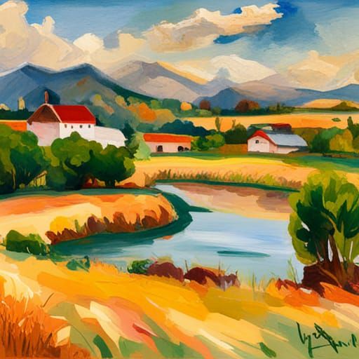 Idyllic Farm by Lake in Gouache Watercolor Style