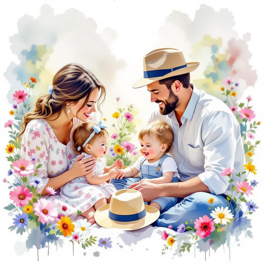 Family Playing with Hats in Watercolour Style
