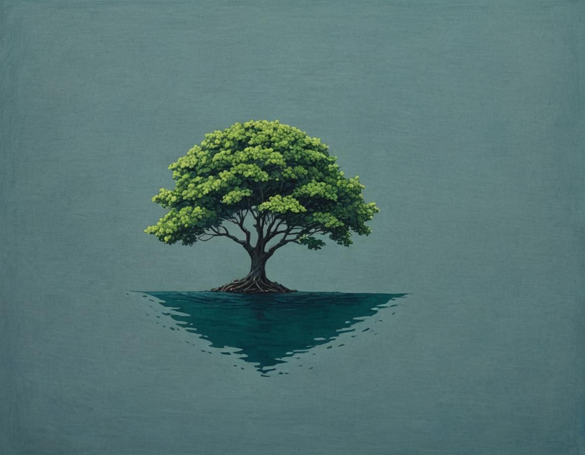 Lone Green Tree in Blue Ocean, Watercolor Style
