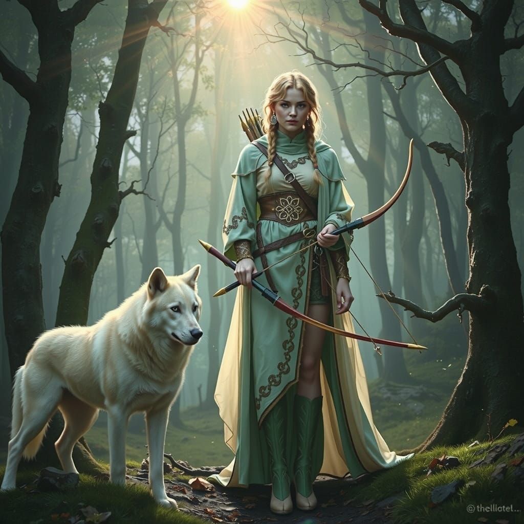 Celtic Huntress in Misty Forest Clearing