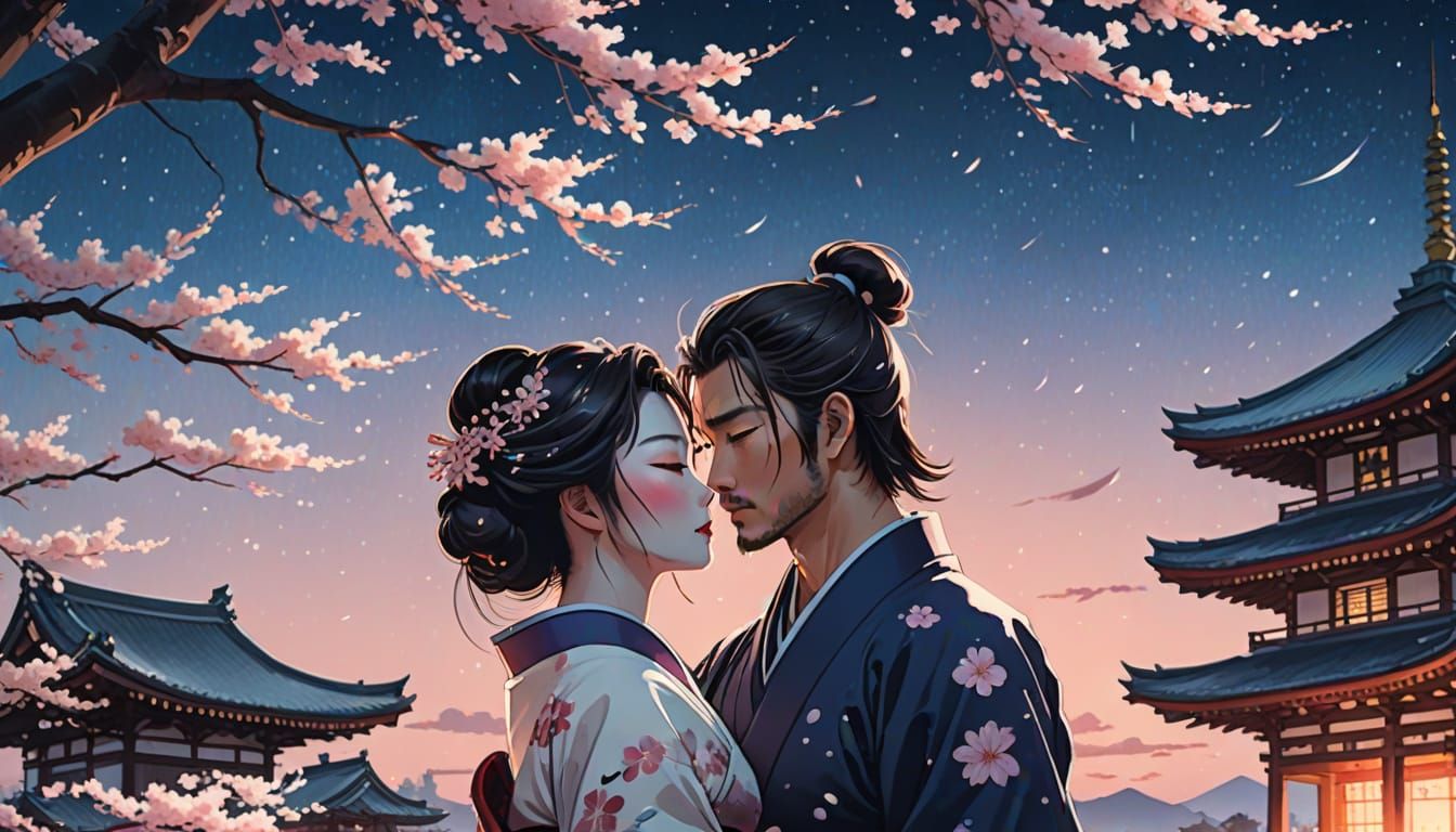 Samurai and Geisha Kiss in Shinkai Style