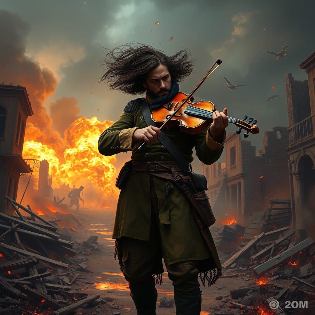 A man playing the violin, dressed in a military uniform, strong wind, explosions and fire in the background, collapsing ...