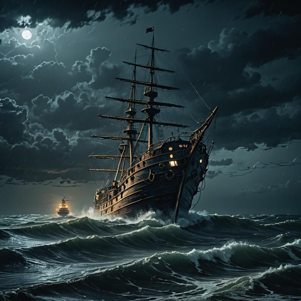 Ghost Ship on Stormy Seas in Hyperrealism