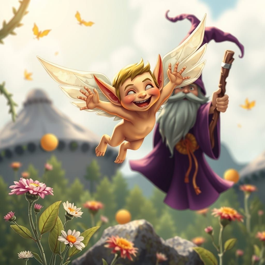 Winged pixie fluttered joyfully around the wizard