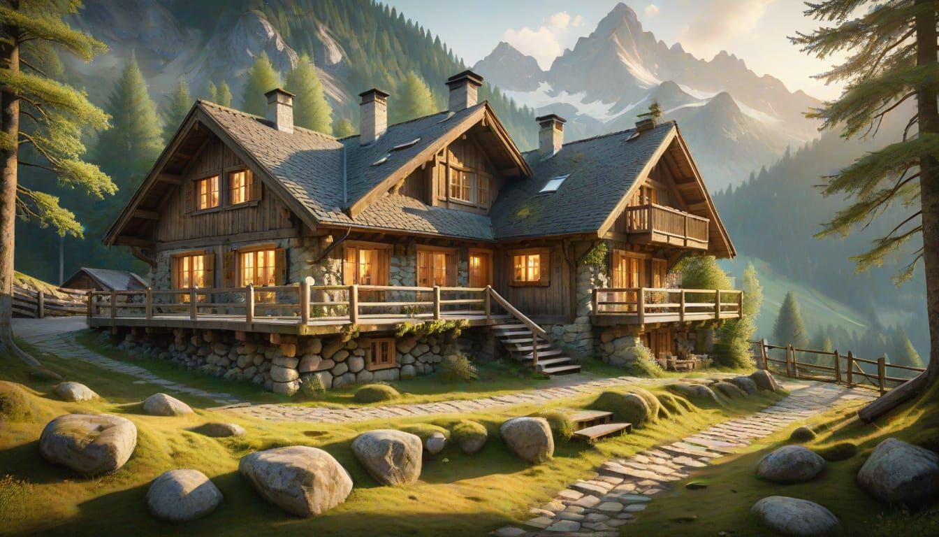 Cozy European Mountain Lodge in Watercolor Style