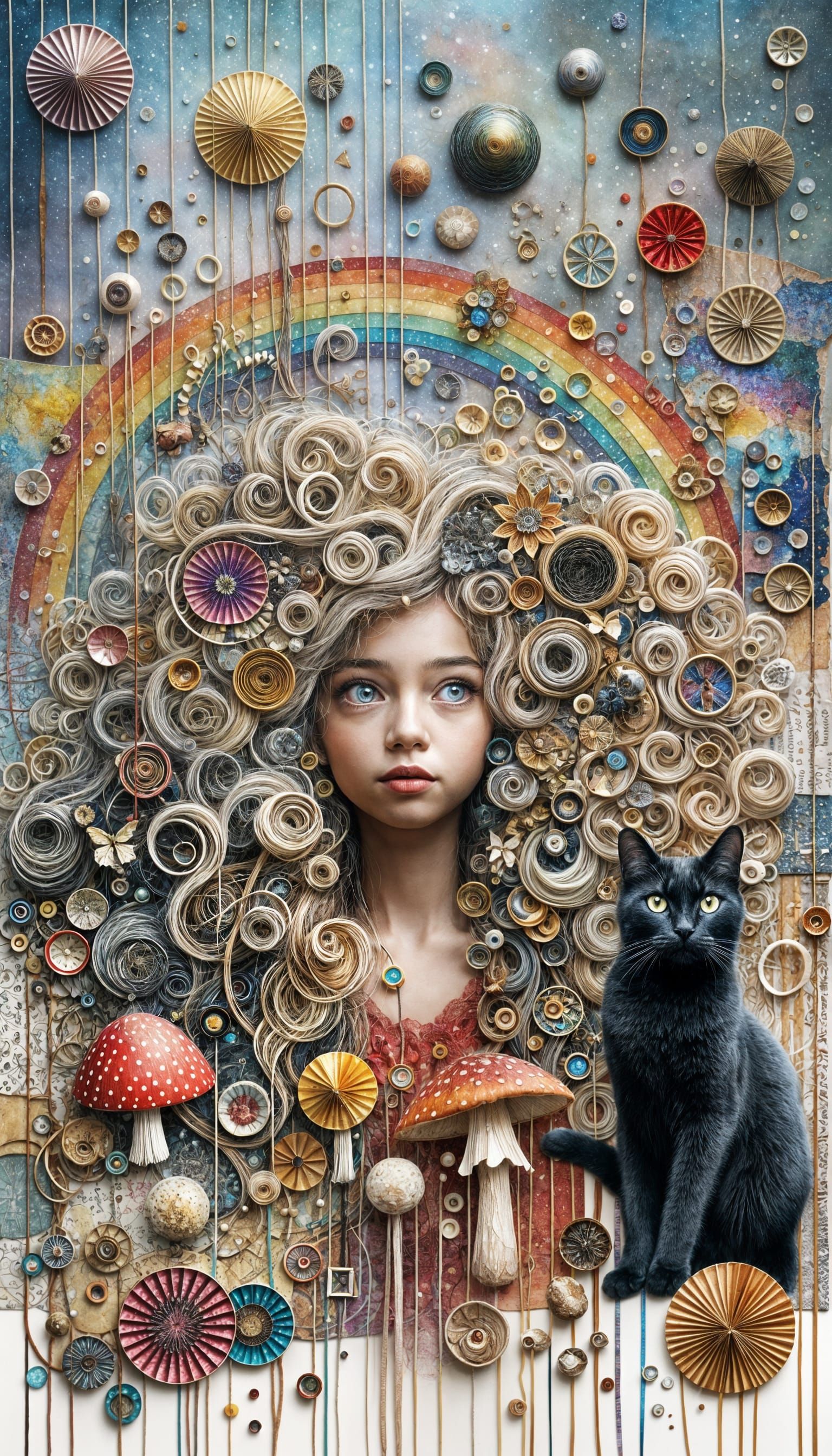 Magical Collage of Girl, Cat, and Rainbows