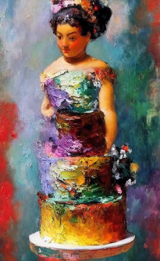 Cake Sculpture Girl in Impasto Oil Painting Style