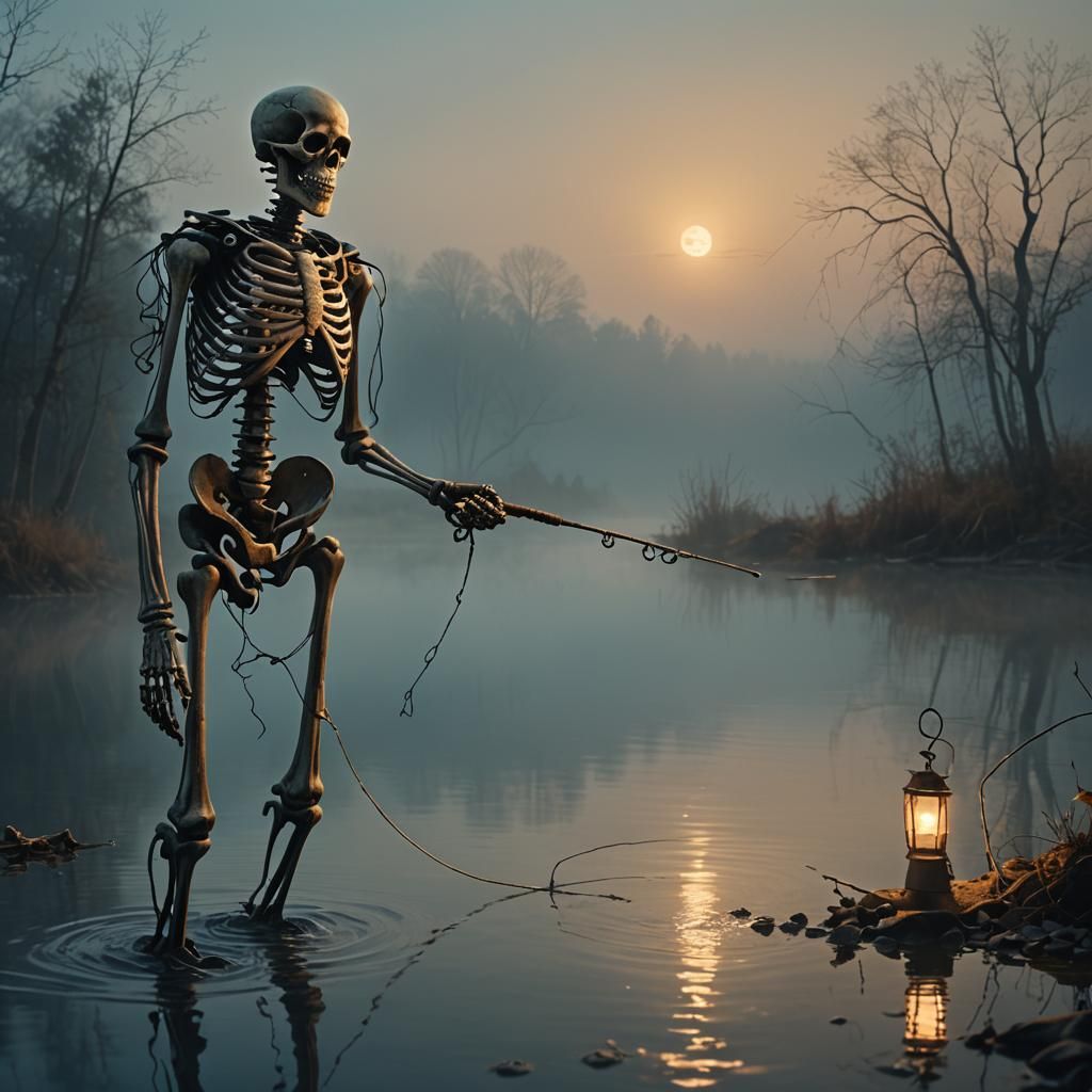 Dark Fantasy Skeleton Fisherman on Misty Lake