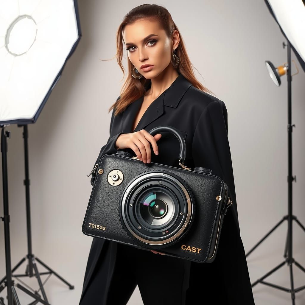 Stylish Model Displaying Camera Lens Handbag