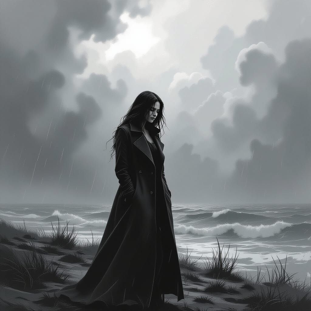 Melancholic Woman in Storm, Charcoal Drawing