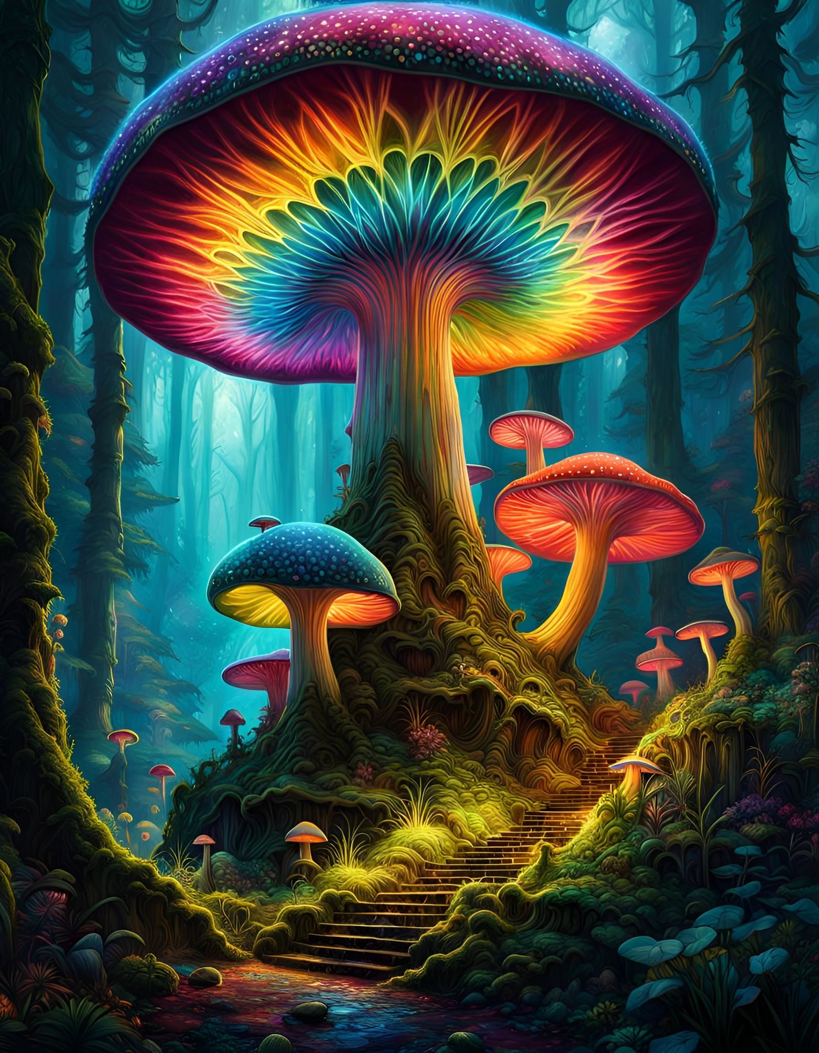 Bioluminescent Rainbow Mandala in Mushroom Forest