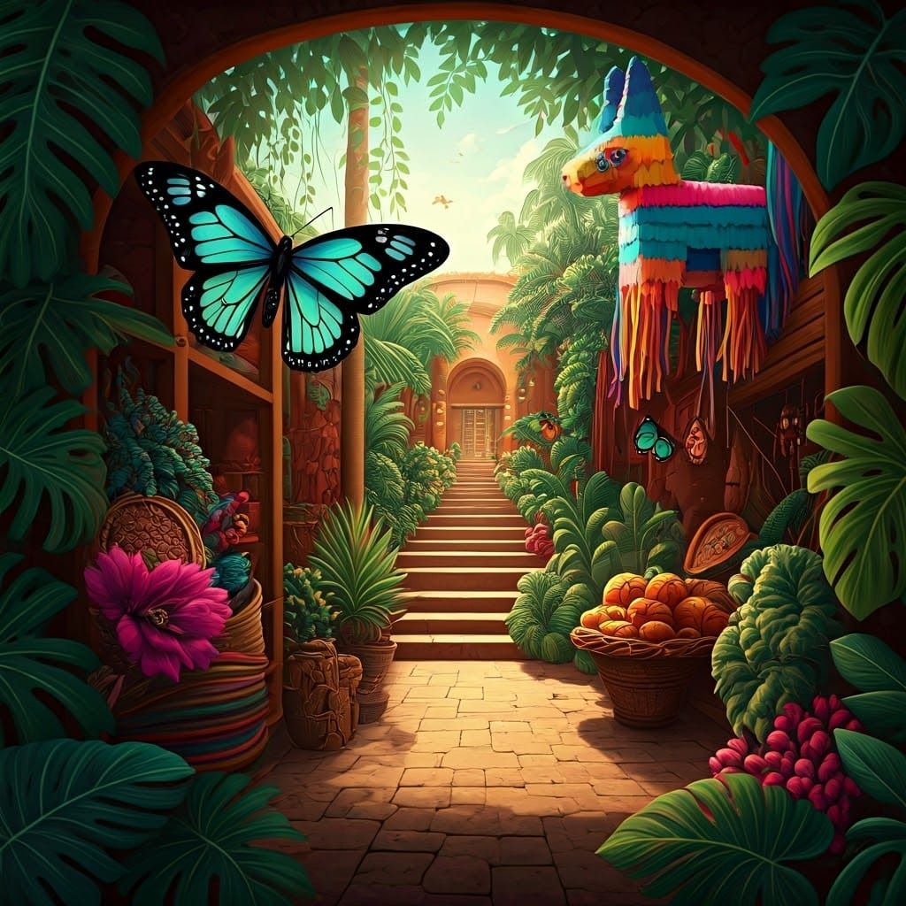 Whimsical Papillons Dance Amidst Vibrant Mexican Market