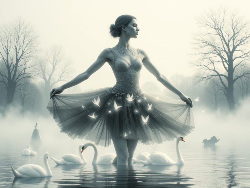 Ballerina's Swan Lake: Double Exposure Watercolor Art